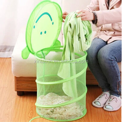 Bathroom Mesh Popup Polyester Foldable Laundry Basket With Cover